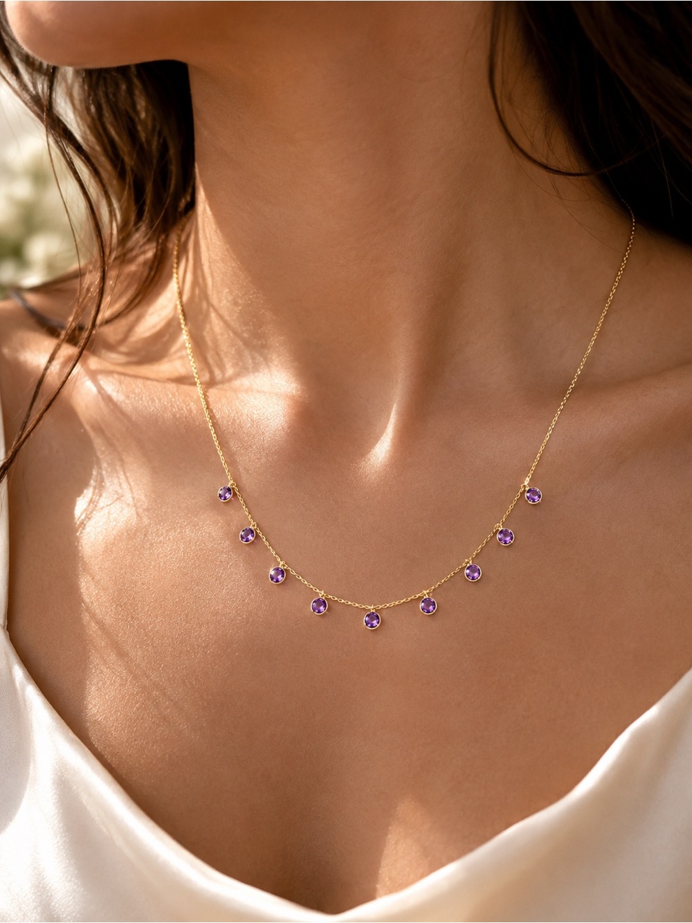 RCH 14k Gold Chain Necklace with Amethyst Gemstone Drops - Women's Jewelry